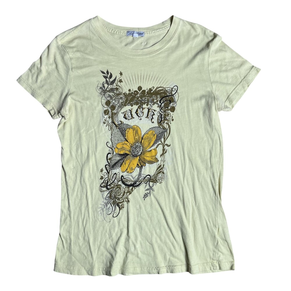 Lucky Brand Shirt Womens L Yellow Floral Graphic 100% Cotton Slim Fit Casual